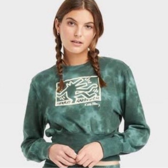 Keith Haring Cropped Wide Ribbed Graphic Green Tie Dye Sweatshirt Womens Size XS - Picture 1 of 10